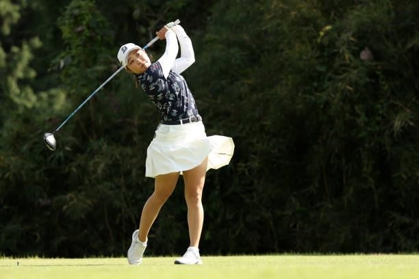 Yuna Takagi of Japan hits her tee shot on the 3rd hole during the first round of the Stanley Ladies at Tomei Country Club on October 8, 2021 in...