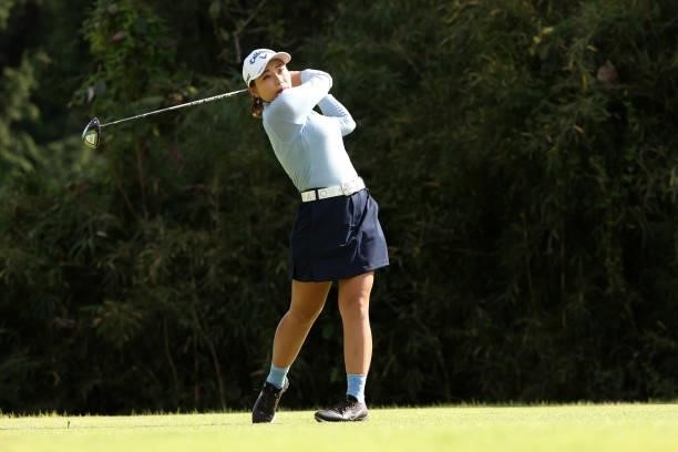 Miyuki Takeuchi of Japan hits her tee shot on the 3rd hole during the first round of the Stanley Ladies at Tomei Country Club on October 8, 2021 in...