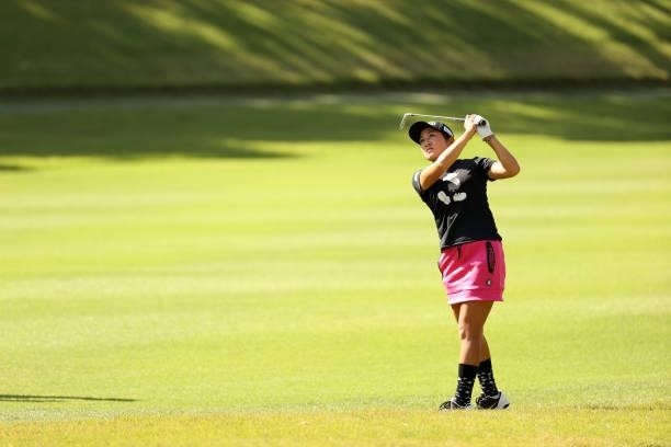 Asako Fujimoto of Japan hits her second shot on the 7th hole during the first round of the Stanley Ladies at Tomei Country Club on October 8, 2021 in...