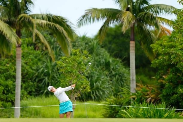 Ririna Staiano of Japan hits her tee shot on the 14th hole during the second round of Kanehide Miyarabi Open at the Kanehide Kise Country Club on...