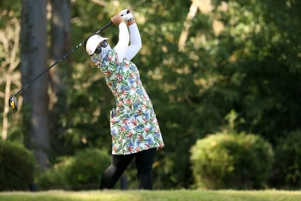 Satsuki Oshiro of Japan hits her tee shot on the 8th hole during the first round of the Stanley Ladies at Tomei Country Club on October 8, 2021 in...