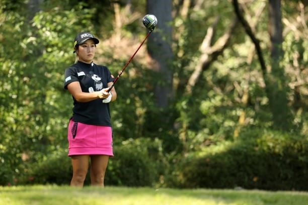 Asako Fujimoto of Japan is seen before her tee shot on the 8th hole during the first round of the Stanley Ladies at Tomei Country Club on October 8,...