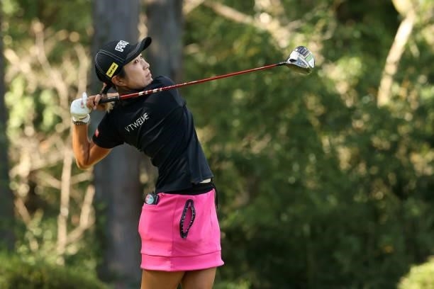 Asako Fujimoto of Japan hits her tee shot on the 8th hole during the first round of the Stanley Ladies at Tomei Country Club on October 8, 2021 in...