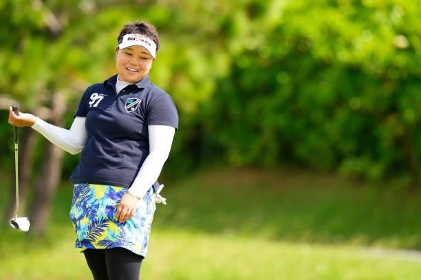 Eriko Tenra of Japan reacts after a putt on the 14th green during the second round of Kanehide Miyarabi Open at the Kanehide Kise Country Club on...