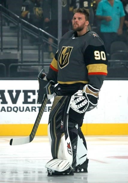 Robin Lehner of the Vegas Golden Knights gets ready for the start of a preseason game against the Arizona Coyotes at T-Mobile Arena on October 7,...