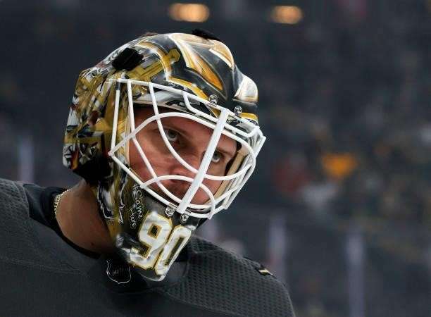 Robin Lehner of the Vegas Golden Knights takes a break during a stop in play in the first period of a game against the Arizona Coyotes at T-Mobile...