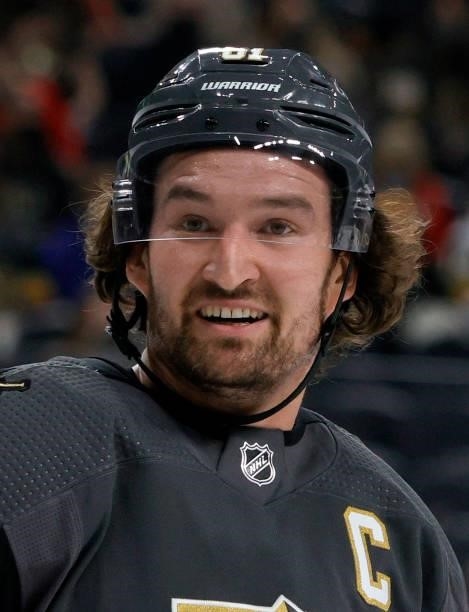 Mark Stone of the Vegas Golden Knights reacts in the first period of a preseason game against the Arizona Coyotes at T-Mobile Arena on October 7,...