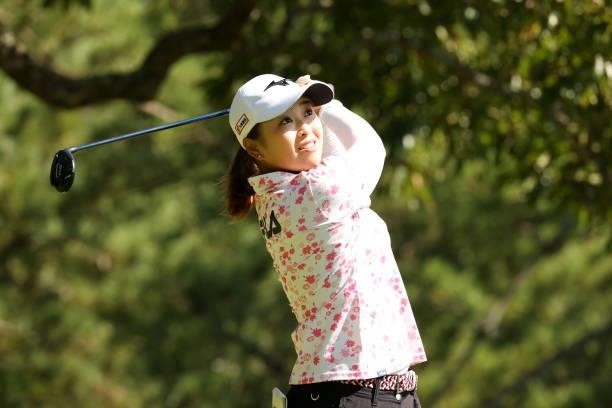 Mao Saigo of Japan hits her tee shot on the 4th hole during the first round of the Stanley Ladies at Tomei Country Club on October 8, 2021 in Susono,...