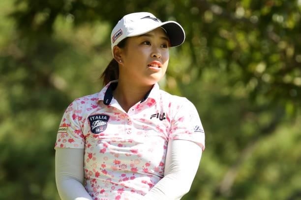 Mao Saigo of Japan reacts after her tee shot on the 4th hole during the first round of the Stanley Ladies at Tomei Country Club on October 8, 2021 in...