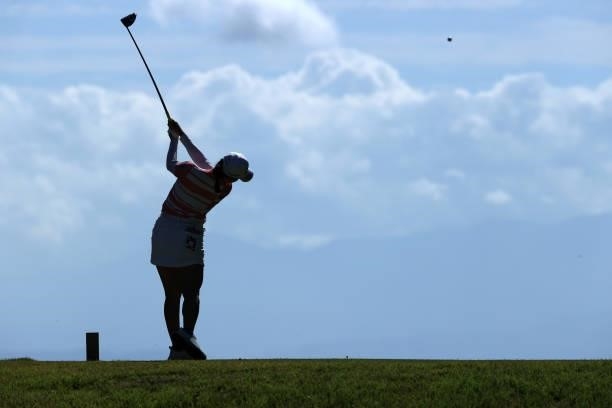 Sakura Koiwai of Japan hits her tee shot on the 5th hole during the first round of the Stanley Ladies at Tomei Country Club on October 8, 2021 in...