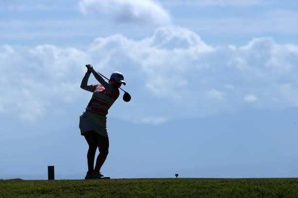 Sakura Koiwai of Japan hits her tee shot on the 5th hole during the first round of the Stanley Ladies at Tomei Country Club on October 8, 2021 in...