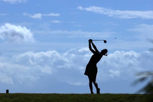Erika Hara of Japan hits her tee shot on the 5th hole during the first round of the Stanley Ladies at Tomei Country Club on October 8, 2021 in...