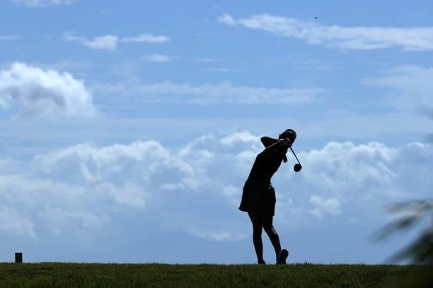 Erika Hara of Japan hits her tee shot on the 5th hole during the first round of the Stanley Ladies at Tomei Country Club on October 8, 2021 in...