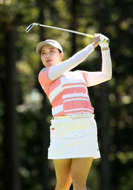 Sakura Koiwai of Japan hits her tee shot on the 6th hole during the first round of the Stanley Ladies at Tomei Country Club on October 8, 2021 in...