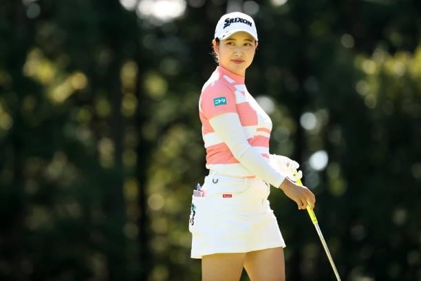 Sakura Koiwai of Japan reacts after her tee shot on the 6th hole during the first round of the Stanley Ladies at Tomei Country Club on October 8,...