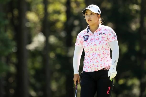Mao Saigo of Japan is seen on the 6th tee during the first round of the Stanley Ladies at Tomei Country Club on October 8, 2021 in Susono, Shizuoka,...