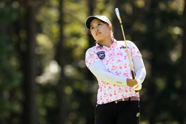 Mao Saigo of Japan hits her tee shot on the 6th tee during the first round of the Stanley Ladies at Tomei Country Club on October 8, 2021 in Susono,...