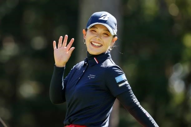 Yuri Yoshida of Japan waves as she celebrates the eagle on the 5th green during the first round of the Stanley Ladies at Tomei Country Club on...
