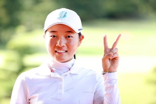 Amateur Miyu Sato of Japan is seen after holing out during the first round of the Stanley Ladies at Tomei Country Club on October 8, 2021 in Susono,...