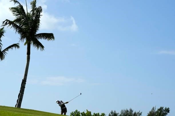 Ami Hirai of Japan hits her second shot on the 15th hole during the second round of Kanehide Miyarabi Open at the Kanehide Kise Country Club on...