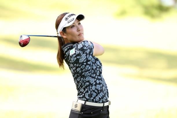 Mami Fukuda of Japan hits her tee shot on the 9th hole during the first round of the Stanley Ladies at Tomei Country Club on October 8, 2021 in...