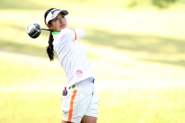 Kokone Yoshimoto of Japan hits her tee shot on the 9th hole during the first round of the Stanley Ladies at Tomei Country Club on October 8, 2021 in...