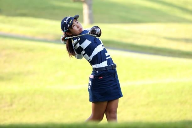 Nana Suganuma of Japan hits her tee shot on the 9th hole during the first round of the Stanley Ladies at Tomei Country Club on October 8, 2021 in...