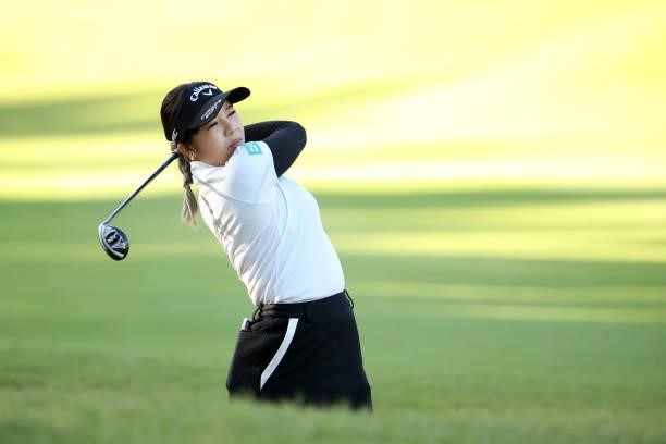 Mizuki Tanaka of Japan hits her second shot on the 8th hole during the first round of the Stanley Ladies at Tomei Country Club on October 8, 2021 in...