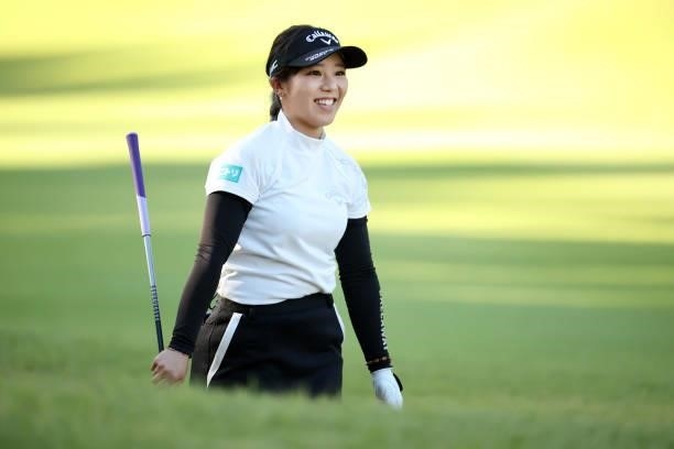 Mizuki Tanaka of Japan reacts after her second shot on the 8th hole during the first round of the Stanley Ladies at Tomei Country Club on October 8,...