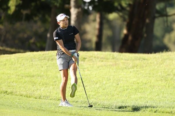 Misuzu Narita of Japan hits her second shot on the 8th hole during the first round of the Stanley Ladies at Tomei Country Club on October 8, 2021 in...