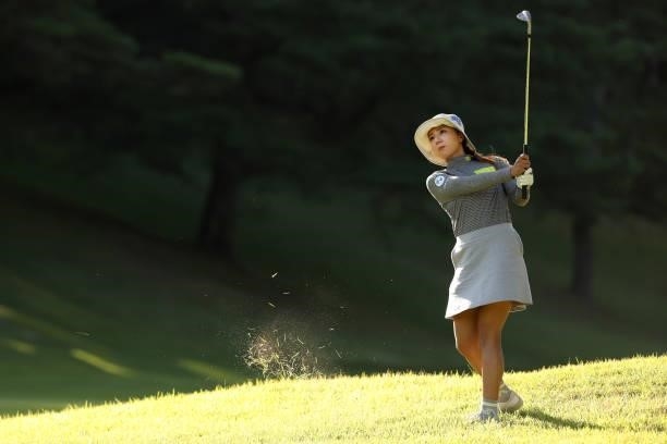 Naruha Miyata of Japan hits her second shot on the 8th hole during the first round of the Stanley Ladies at Tomei Country Club on October 8, 2021 in...
