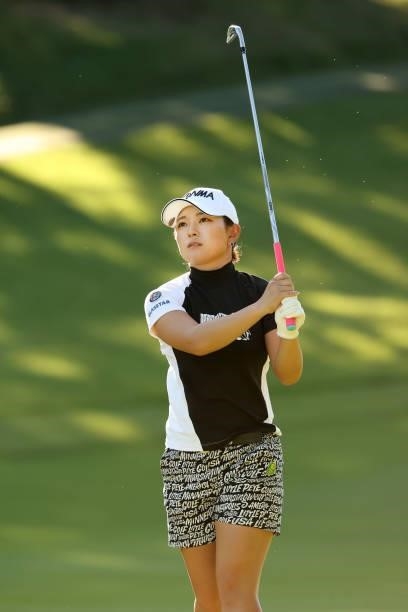 Momo Yoshikawa of Japan hits her third shot on the 8th hole during the first round of the Stanley Ladies at Tomei Country Club on October 8, 2021 in...
