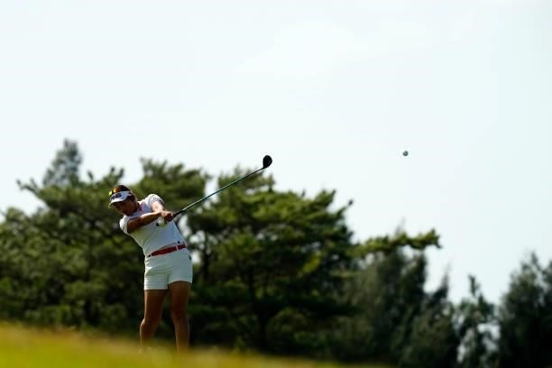 Karin Takeyama of Japan hits her second shot on the 15th hole during the second round of Kanehide Miyarabi Open at the Kanehide Kise Country Club on...