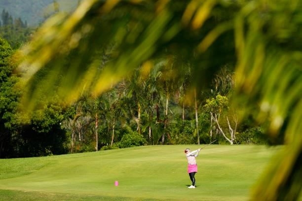 Mika Nakazono of Japan hits her tee shot on the 16th hole during the second round of Kanehide Miyarabi Open at the Kanehide Kise Country Club on...