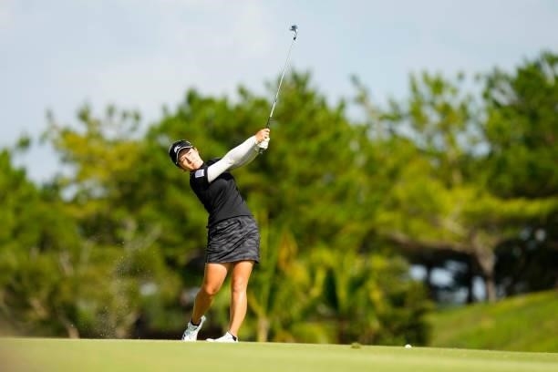Ayame Sakuma of Japan hits her second shot on the 16th hole during the second round of Kanehide Miyarabi Open at the Kanehide Kise Country Club on...
