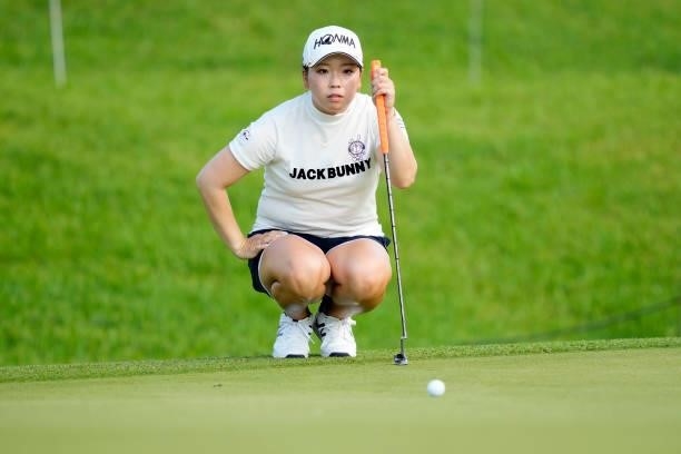 Miyu Goto of Japan lines up a putt on the 18th green during the second round of Kanehide Miyarabi Open at the Kanehide Kise Country Club on October...