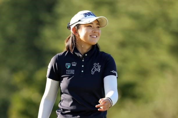 Rie Tsuji of Japan smiles after the birdie on the 8th green during the first round of the Stanley Ladies at Tomei Country Club on October 8, 2021 in...