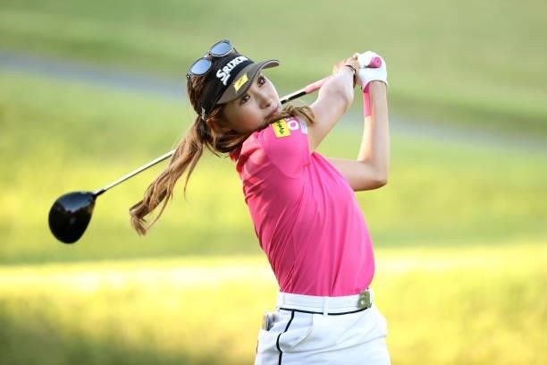 Reika Usui of Japan hits her tee shot on the 9th hole during the first round of the Stanley Ladies at Tomei Country Club on October 8, 2021 in...