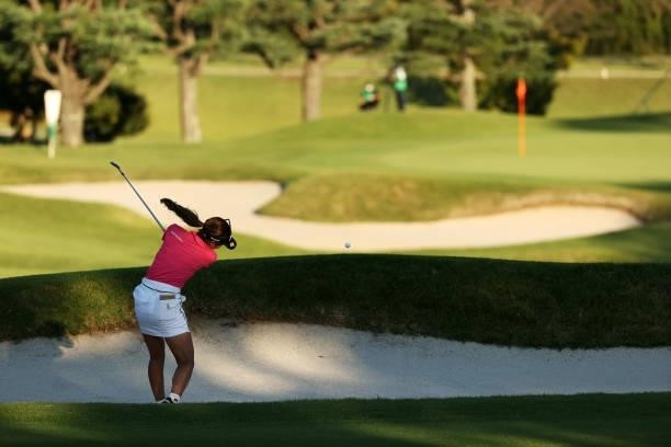 Reika Usui of Japan hits her second shot on the 9th hole during the first round of the Stanley Ladies at Tomei Country Club on October 8, 2021 in...