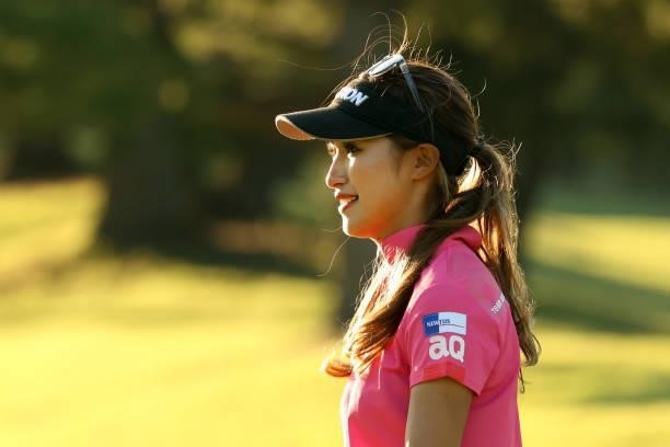 Reika Usui of Japan smiles on the 9th green during the first round of the Stanley Ladies at Tomei Country Club on October 8, 2021 in Susono,...