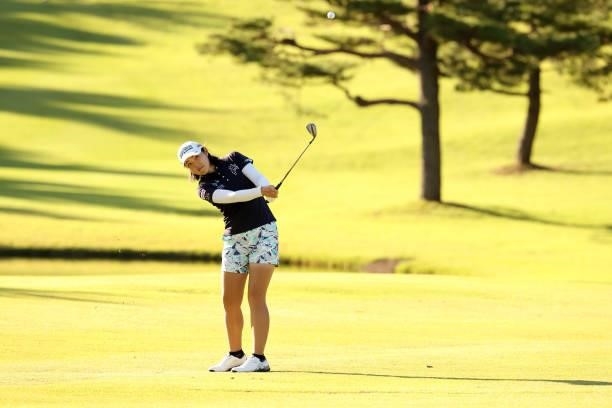 Rie Tsuji of Japan hits her third shot on the 8th hole during the first round of the Stanley Ladies at Tomei Country Club on October 8, 2021 in...