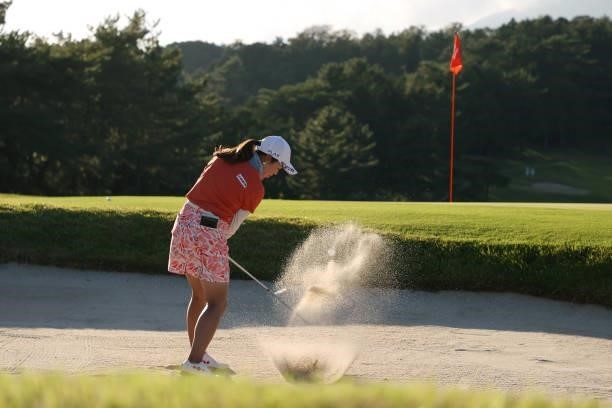 Yukari Nishiyama hits out from a bunker on the 8th hole during the first round of the Stanley Ladies at Tomei Country Club on October 8, 2021 in...