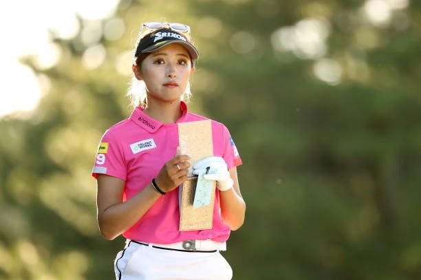 Reika Usui of Japan is seen after holing out on the 9th green during the first round of the Stanley Ladies at Tomei Country Club on October 8, 2021...