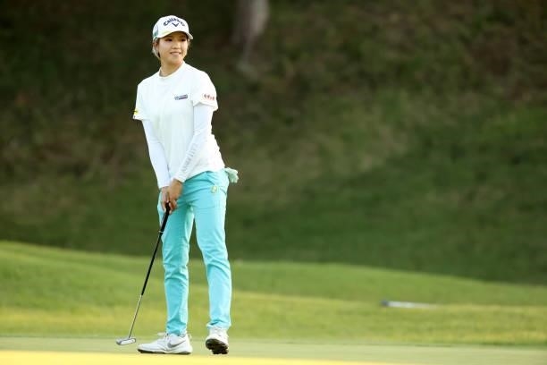 Airi Kameda of Japan reacts after a putt on the 9th green during the first round of the Stanley Ladies at Tomei Country Club on October 8, 2021 in...