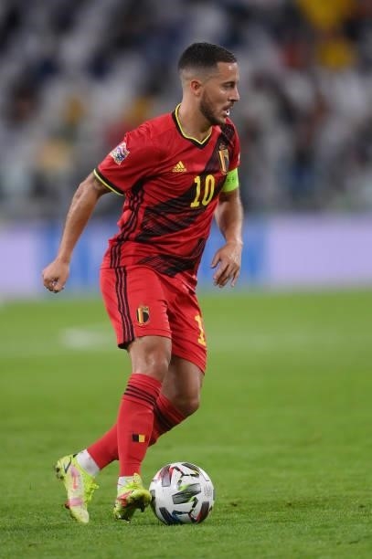 Eden Hazard of Belgium runs with the ball during the UEFA Nations League 2021 Semi-final match between Belgium and France at Allianz Stadium on...