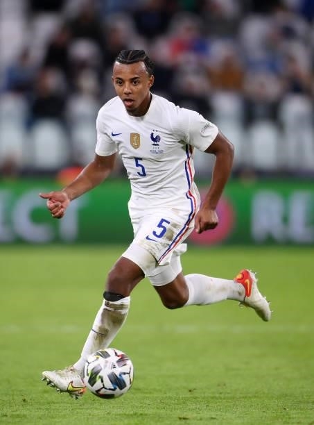 Jules Koundee of France runs with the ball during the UEFA Nations League 2021 Semi-final match between Belgium and France at Allianz Stadium on...