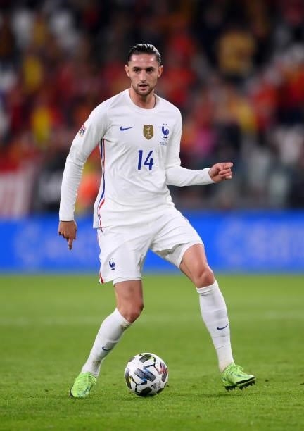 Adrien Rabiot of France runs with the ball during the UEFA Nations League 2021 Semi-final match between Belgium and France at Allianz Stadium on...
