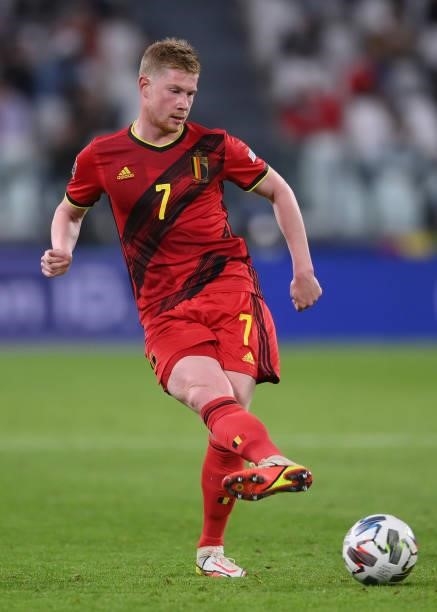 Kevin De Bruyne of Belgium passes the ball during the UEFA Nations League 2021 Semi-final match between Belgium and France at Allianz Stadium on...