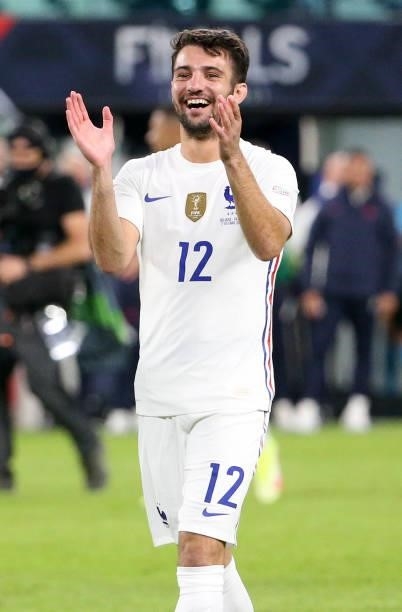 Leo Dubois of France celebrates the victory following the UEFA Nations League 2021 Semi-final match between Belgium and France at Juventus Stadium on...