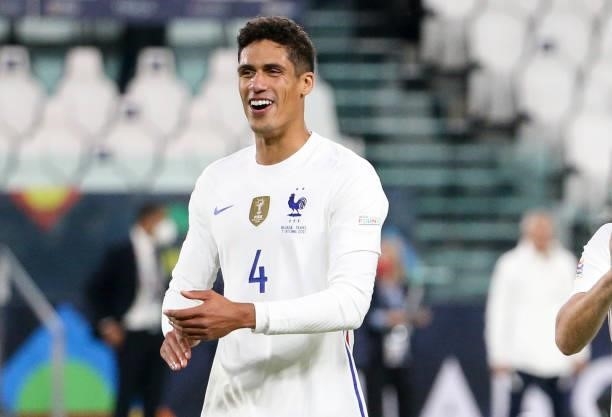 Raphael Varane of France celebrates the victory following the UEFA Nations League 2021 Semi-final match between Belgium and France at Juventus...